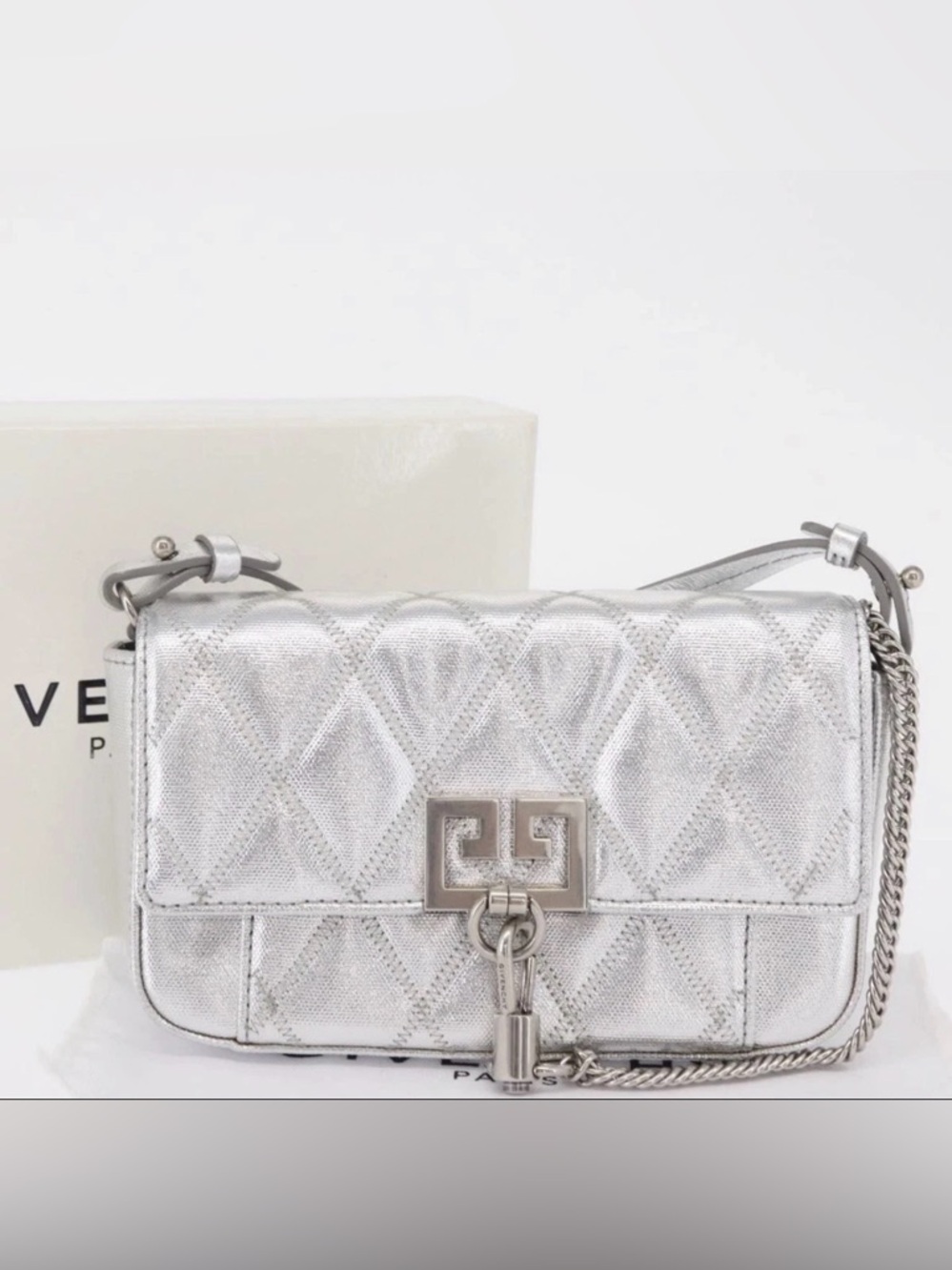 Givenchy Metallic Silver Quilted Shoulder Bag Auth